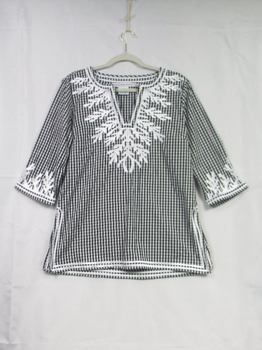 Gretchen Scott Black White Gingham Embroidered Check Print Tunic Size Medium